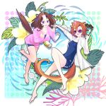  2girls absurdres ahoge animal_ears barefoot breasts brown_hair can crown hairband highres horse_ears horse_girl horse_tail jacket kaokuma large_breasts long_sleeves looking_at_viewer medium_hair meisho_doto_(umamusume) mini_crown multicolored_hair multiple_girls one-piece_swimsuit one_eye_closed open_clothes open_mouth open_shirt opera_glasses orange_hair outstretched_arm pink_jacket plant purple_eyes school_swimsuit school_uniform shirt short_hair sleeves_rolled_up small_breasts smile stiff_tail sunglasses swimsuit t.m._opera_o_(umamusume) tail tracen_school_uniform two-tone_hair umamusume white_shirt 