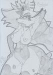  2023 anthro areola arthropod blush bodily_fluids breasts canid canine demon female fox genital_fluids genitals graphite_(artwork) hair hand_behind_head hand_on_hip helluva_boss hybrid innie_pussy insect looking_at_viewer lunaris_parukia mammal navel nipples nude pussy pussy_juice queen_bee-lzebub_(helluva_boss) solo traditional_media_(artwork) wings 