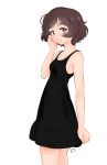  1girl absurdres akiyama_yukari artist_name black_dress brown_eyes brown_hair casual closed_mouth dress from_side girls_und_panzer hand_in_own_hair highres looking_at_viewer messy_hair pierre_kirby short_dress short_hair signature simple_background smile solo standing sundress white_background 
