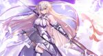  1girl armor armored_boots armored_dress bangs blonde_hair blue_eyes blue_sky blush boots breast_curtains breasts chain collar dress fate/apocrypha fate/grand_order fate_(series) faulds feathers flag fur-trimmed_legwear fur_trim gauntlets headpiece highres jeanne_d&#039;arc_(fate) jeanne_d&#039;arc_(ruler)_(fate) large_breasts long_hair looking_at_viewer metal_collar neko_daruma plackart polearm sky smile thighhighs thighs very_long_hair weapon white_dress 