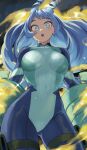  1girl :o absurdres blonde_hair blue_bodysuit blue_eyes blue_hair blush bodysuit boku_no_hero_academia breasts commentary_request covered_navel drill_hair fengling_(furin-jp) green_bodysuit hadou_nejire highres long_hair looking_at_viewer medium_breasts open_mouth solo teeth twin_drills two-tone_bodysuit upper_teeth_only 