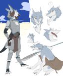  2020 5:6 anthro armor barefoot chibi crouching digitigrade exclamation_point feet hi_res male mayo-san melee_weapon multiple_poses open_mouth polearm pose sergal solo spear standing weapon 