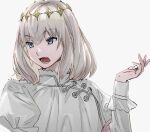  1boy diamond_hairband eiki_(eikityou_55) eyelashes fate/grand_order fate_(series) grey_eyes hair_between_eyes highres juliet_sleeves long_sleeves male_focus oberon_(fate) open_mouth puffy_sleeves robe short_hair simple_background solo teeth upper_body white_background white_hair white_robe 