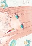  1girl absurdres blonde_hair blue_bow blue_eyes blue_nails blush bow commentary cosmetics earrings fuwa_toco heart heart_earrings highres jewelry lipstick_tube long_hair original ribbon sideways solo symbol-only_commentary white_ribbon 