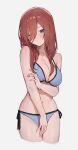  1girl absurdres arm_under_breasts bikini blue_bikini blue_eyes breasts brown_hair cleavage closed_mouth collarbone cropped_legs go-toubun_no_hanayome hair_between_eyes hair_over_one_eye highres holding_own_arm large_breasts long_bangs long_hair looking_at_viewer nakano_miku navel side-tie_bikini_bottom sketch solo sooon stomach swimsuit white_background 