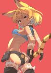  1girl absurdres animal_ears belt belt_pouch blonde_hair blush breasts cat_ears cat_tail crop_top extra_ears fingerless_gloves gloves highres kemono_friends looking_at_viewer medium_breasts midriff ms._fortune_(skullgirls) osnmykk pouch scar serval_(kemono_friends) short_hair skullgirls smile solo tail underboob 