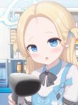  1girl :o apron barcode_scanner blonde_hair blue_apron blue_archive blue_eyes blue_ribbon collared_shirt convenience_store fang forehead haine_(artist) hair_ribbon halo highres indoors light_blush long_hair looking_at_viewer name_tag open_mouth parted_bangs ribbon romaji_commentary shirt shop solo sora_(blue_archive) two_side_up upper_body white_shirt 