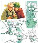  ! !! 2boys ? bakugou_katsuki blonde_hair boku_no_hero_academia brown_hoodie closed_eyes closed_mouth commentary drooling english_commentary english_text fishing fishing_rod freckles green_eyes green_hair habkart highres holding holding_fishing_rod hood hood_down hoodie long_sleeves male_focus midoriya_izuku multiple_boys multiple_views open_mouth short_hair simple_background sitting sleeping smile surprised upper_body white_background yellow_hoodie 