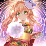  1girl absurdres backlighting blonde_hair blush candy chestnut_mouth commentary_request cotton_candy eyelashes eyes_visible_through_hair fireworks floating_hair floral_print food green_eyes hair_between_eyes hair_intakes hair_ornament head_tilt highres holding holding_candy holding_food inari_(summer_pockets) incoming_food japanese_clothes kimono long_hair long_sleeves looking_at_viewer mask mask_on_head night open_mouth outdoors red_kimono sash shinonome_mozuku solo straight-on summer_pockets sunflower_print takoyaki tsumugi_wenders twintails wide_sleeves x_hair_ornament yellow_sash yukata 