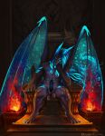  absurd_res anthro balls blue_hair blue_wings chair dragon drunk_ferret erection fire furniture genitals hair hi_res horn humanoid male muscular muscular_anthro muscular_humanoid muscular_male penis sitting solo throne wings 