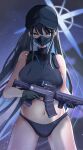  1girl absurdres bare_arms bare_shoulders baseball_cap black_gloves black_hair black_headwear black_panties blue_archive blue_eyes commentary_request cowboy_shot crop_top gloves gun hat highres holding holding_gun holding_weapon long_hair looking_at_viewer mask midriff mouth_mask navel panties rifle saori_(blue_archive) shisei_(maeda_shisei) solo standing stomach thighs underwear very_long_hair weapon 