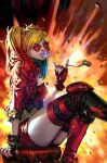  1girl artist_name asymmetrical_gloves black_gloves blonde_hair blue_hair bubble_blowing commentary corset cropped_jacket dc_comics english_commentary explosion fingerless_gloves gloves harley_quinn highres jacket kael_ngu knee_pads looking_at_viewer medium_hair multicolored_hair open_clothes open_jacket red_corset red_gloves red_hair red_jacket red_shorts short_shorts short_twintails shorts sitting solo sunglasses thighhighs twintails 