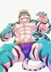  abs absurd_res anthro blonde_hair blue_body blue_fur blush briefs clothing felid fur hair heylaw21 hi_res lifewonders live_a_hero low-angle_view male mammal muscular muscular_anthro muscular_male navel nipples pantherine pawpads pecs rexer solo striped_body striped_fur stripes tiger underwear 