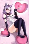  1girl animal_ear_fluff animal_ears black_collar black_gloves black_thighhighs bow bowtie breasts chenchen chenchen_(vtuber) collar detached_collar elbow_gloves gloves hair_between_eyes heart high_heels indie_virtual_youtuber leotard long_hair meme navel pink_bow pink_bowtie pink_eyes purple_hair shadow shoes shoes_removed solo thighhighs twitter_strip_game_(meme) white_leotard 