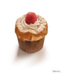  aon968 cake cupcake food food_focus fruit highres icing no_humans original realistic shadow signature simple_background still_life strawberry white_background 