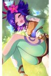  1girl :d ass bare_shoulders blue_hair breasts brown_shorts colored_skin dokumi flower green_skin hair_flower hair_ornament highres league_of_legends legs_up lizard_tail lying medium_breasts medium_hair multicolored_hair multicolored_skin neeko_(league_of_legends) on_back open_mouth pillarboxed pink_flower purple_hair shorts smile solo tail teeth upper_teeth_only 