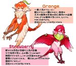  2girls :&lt; ahoge bachikin_(kingyo155) bird_legs bird_tail blush claws commentary_request feathered_wings feathers food-themed_creature gradient_hair green_feathers green_hair hair_between_eyes harpy highres monster_girl multicolored_hair multiple_girls neck_fur orange_(bachikin) orange_eyes orange_feathers orange_hair original pink_feathers red_feathers red_hair short_hair simple_background strawberry_(bachikin) tail tail_feathers talons translation_request white_background winged_arms wings 