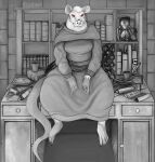 absurd_res anthro belt book bookshelf claws clothed clothing detailed_background doctordj dress eyewear female fully_clothed furniture glasses hi_res looking_at_viewer mammal murid murine rat red_eyes rodent round_glasses scroll sitting_on_desk solo whiskers 