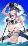  1girl arknights bare_arms bare_shoulders baseball_cap bikini blue_bikini blue_hair blue_sky breasts ch&#039;en_(arknights) ch&#039;en_the_holungday_(arknights) cloud commentary_request day dragon_horns dragon_tail ema_(kuguiema) grey_shorts hat highres horns large_breasts long_hair navel red_eyes short_shorts shorts sky solo standing stomach swimsuit tail thighs wading white_headwear 