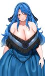  1girl absurdres bare_shoulders blue_hair braid breasts brown_eyes cleavage dress flower gigantic_breasts hair_ribbon headband highres long_dress long_hair looking_at_viewer open_mouth original ribbon simple_background solo suruga_(xsurugax) white_background 