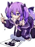  1boy bow commission commissioner_upload fins fish_tail isu_(is88) jacket non-web_source off_shoulder open_clothes open_jacket otoko_no_ko paintbrush pleated_skirt purple_bow purple_eyes purple_hair purple_skirt sammy_same shark shark_tail skirt solo tail thighhighs twintails 