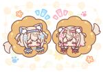  2girls ahoge animal_ear_fluff animal_ears blonde_hair blue_hairband blush_stickers chibi claws dog_ears dog_girl dog_tail doughnut flower_(symbol) food fuwawa_abyssgard hair_ornament hairband hairclip highres hololive hololive_english mini_person minigirl mister_donut mitarashi_neko mococo_abyssgard multiple_girls paw_print pink_hairband pon_de_ring pout tail virtual_youtuber 