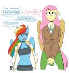  anthro anthrofied breasts cardigan cleavage clothed clothing dialogue english_text equid equine female fluttershy_(mlp) friendship_is_magic hair hasbro jacket mammal multicolored_hair my_little_pony pegasus ponytail rainbow_dash_(mlp) rainbow_hair redxbacon shopping_bag size_difference text topwear wings 