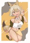 1girl absurdres aka_bare animal_ears black_jacket blonde_hair brown_background camisole coyote_(kemono_friends) extra_ears highres jacket kemono_friends kemono_friends_v_project looking_at_viewer one_eye_closed sandals sarong short_hair simple_background smile solo swimsuit tail virtual_youtuber wolf_ears wolf_girl wolf_tail yellow_eyes 