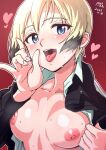  1girl absurdres blonde_hair blue_eyes blush breasts erica_hartmann fellatio_gesture heart highres looking_at_viewer naughty_face nipples open_clothes open_mouth open_shirt oral_invitation poyopoyotaishi saliva saliva_trail sexually_suggestive short_hair small_breasts smile solo strike_witches sweat tongue tongue_out uniform upper_body world_witches_series 