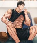  1boy abs ankle_socks ball bara bare_pectorals basketball_(object) black_hair black_socks black_tank_top blue_eyes clothes_lift domo_(domo_kizusuki) full_body highres large_pectorals lifted_by_self looking_to_the_side male_focus muscular muscular_male navel nipples original pectorals profile shido_(domo) shirt_lift short_hair sideburns sitting socks solo steam steaming_body sweat tank_top thick_eyebrows veins 