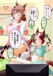  2girls aged_up animal_ears apron armpits blush casual commentary_request green_eyes hair_between_eyes hair_ornament heart horse_ears horse_tail leg_up long_hair medium_hair mother_and_daughter multicolored_hair multiple_girls open_mouth pants smart_falcon_(umamusume) streaked_hair tail television translation_request tsurutonon twintails umamusume white_hair yellow_eyes 