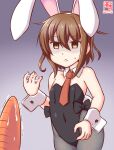  1girl animal_ears black_leotard black_pantyhose brown_eyes brown_hair carrot covered_navel detached_collar fake_animal_ears kanon_(kurogane_knights) kantai_collection leotard necktie one-hour_drawing_challenge pantyhose playboy_bunny rabbit_ears rabbit_tail sexually_suggestive shaded_face short_hair solo strapless strapless_leotard suggestive_fluid sweatdrop tail wakaba_(kancolle) wrist_cuffs 