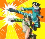  2girls bis_(jsr) blue_dress blue_hair blush dress fur_collar fur_dress fur_sleeves gloves green_headwear green_sleeves gum_(jsr) headphones highres inline_skates jet_set_radio kicking multiple_girls open_mouth orange_hair pantyhose punching roller_skates shirt skates vol2pencil white_gloves 