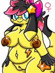  5_fingers anthro belly big_breasts black_hair blue_eyes breasts brown_nipples female fingers generation_6_pokemon genitals hair helioptile lewdchuu_(artist) long_ears navel nintendo nipples pokemon pokemon_(species) pussy simple_background smile solo star tail white_background yellow_body 