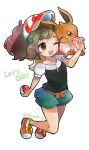  1girl black_shirt blue_shorts brown_eyes brown_hair collarbone doradorakingyo eevee elaine_(pokemon) english_text eyelashes full_body holding holding_poke_ball one_eye_closed open_mouth pawpads poke_ball pokemon pokemon_lgpe ponytail red_footwear shirt shorts simple_background teeth twitter_username upper_teeth_only white_background 