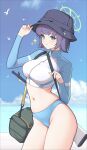  1girl absurdres bag bikini bikini_bottom_only bird black_hair blue_archive blue_bikini blush breasts bucket_hat cropped_jacket duffel_bag green_halo halo hat highres houkago_shounen jacket large_breasts long_sleeves looking_at_viewer multicolored_clothes multicolored_jacket navel official_alternate_costume raglan_sleeves rash_guard saki_(blue_archive) saki_(swimsuit)_(blue_archive) seagull short_hair solo sparkle stomach swimsuit two-tone_jacket weapon weapon_on_back 