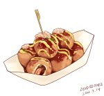  absurdres artist_name dated food food_focus highres no_humans original realistic sauce signature simple_background sparkle still_life takoyaki toothpick white_background zeroorez 