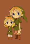  2boys artist_name blue_eyes brown_background brown_footwear closed_mouth full_body green_headwear green_tunic highres instrument link looking_at_viewer multiple_boys pointy_ears shirt simple_background smile the_legend_of_zelda the_legend_of_zelda:_ocarina_of_time the_legend_of_zelda:_the_wind_waker tokuura toon_link upper_body young_link 