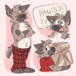  absurd_res anthro barefoot blush bottomwear box brown_body brown_eyes brown_fur brown_nose clothed clothing container crossed_arms dialog_box dialogue english_text eyes_closed feet fur hi_res holding_box holding_container holding_object hyena male mammal mushketeery mushy_(mushketeteery) open_mouth pajama_pants pants pattern_bottomwear pattern_clothing pattern_pants plaid plaid_bottomwear plaid_clothing plaid_pajama_pants plaid_pants question red_bottomwear red_clothing red_pajama_pants red_pants red_shirt red_topwear secret shirt smile solo spots text tongue_showing topless topwear underwear white_clothing white_underwear 