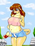  2023 accessory anthro belly belly_expansion big_breasts blue_eyes blush bottomwear breasts brown_hair camel_toe clothing cloud crop_top danellz digital_media_(artwork) expansion felid female furgonomics grass green_eyes gym_bottomwear gym_clothing gym_shorts hair heterochromia hi_res jewelry kathy_(danellz) lion mammal midriff navel open_mouth pantherine plant pregnant rapid_pregnancy ring shirt shorts sky solo stone_wall tail tail_accessory tail_jewelry tail_ring topwear tree wall_(structure) 