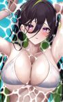  1girl absurdres bare_shoulders bikini black_hair black_nails breasts cleavage cuffs goddess_of_victory:_nikke green_hair guilty_(nikke) hair_between_eyes hand_up handcuffs highres large_breasts long_hair looking_at_viewer lying multicolored_hair on_back open_mouth purple_eyes sidelocks solo swimsuit two-tone_hair very_long_hair water white_bikini ym-1 