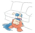  1girl ana_(warioware) armband blue_armband blue_jumpsuit blue_pants blunt_bangs blush closed_eyes couch drooling english_commentary highres jumpsuit long_hair lying messy_sleeper mixed-language_commentary mouth_drool ninja on_back open_mouth orange_hair pants pink_hair plushietoon purple_shirt scarf shirt signature sleeping smile solo warioware 