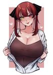  1girl black_ribbon black_shirt blush breasts cleavage hair_ribbon heart heart_in_eye heterochromia highres hololive houshou_marine large_breasts looking_at_viewer mamaprofennn open_clothes red_eyes red_hair ribbon shirt solo symbol_in_eye tongue tongue_out twintails virtual_youtuber yellow_eyes 