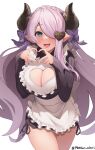  1girl absurdres apron blue_eyes braid breasts cleavage cowboy_shot crown_braid draph dress frilled_dress frills granblue_fantasy hair_over_one_eye heart heart_hands highres horns large_breasts leaning_forward long_hair looking_at_viewer maid narmaya_(granblue_fantasy) open_mouth pink_hair pointy_ears pyonsan simple_background smile solo sweater sweater_dress twitter_username very_long_hair waist_apron white_background 