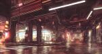  building cityscape cyberpunk fog gas_station neon_lights neon_trim night no_humans original outdoors power_lines puddle reason_(mark-of-the-unicorn) reflection reflective_water road road_sign scenery science_fiction sign storefront street 
