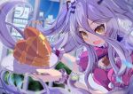  1girl ahoge breasts butter cleavage_cutout clothing_cutout danball_shiro food gradient_hair grey_hair hair_between_eyes hair_ornament hairpin henya_the_genius highres long_bangs long_hair looking_at_viewer maid maple_syrup multicolored_hair open_mouth pancake pancake_stack purple_hair small_breasts smile solo two_side_up virtual_youtuber vshojo white_wrist_cuffs wrist_cuffs 