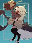  2023 anthro blush bodily_fluids breasts_on_face brown_body brown_fur canid canid_demon carrying_another carrying_partner clothed clothing clothing_lift cute_fangs demon ear_piercing ear_ring esme_(helluva_boss) female female/female fluffy fluffy_tail fur hair hellhound helluva_boss hi_res hoop_ear_ring legwear long_hair loona_(helluva_boss) mammal mhaelt nipple_tape pasties piercing red_sclera ring_piercing shirt shirt_lift sweat tail tail_motion tailwag tape thigh_highs topwear white_body white_eyes white_fur white_hair 