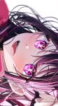  1girl blurry blush close-up commentary_request depth_of_field dress hair_ornament highres hoshino_ai_(oshi_no_ko) long_hair mahiru_yura open_mouth oshi_no_ko pink_dress pink_eyes purple_hair rabbit_hair_ornament sideways smile solo sparkle star-shaped_pupils star_(symbol) symbol-shaped_pupils teeth 