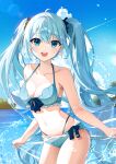  1girl absurdres bikini blue_bikini blue_eyes blue_hair blue_nails blue_sky breasts hatsune_miku highres long_hair medium_breasts nail_polish nanna_(heyj2888) navel open_mouth ribbon see-through sky smile solo stomach swimsuit twintails very_long_hair vocaloid water_drop 