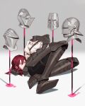  1girl armor armored_boots boots closed_eyes disembodied_head dullahan gauntlets grey_background helmet highres jiro_(ninetysix) long_hair original red_hair shoulder_armor sitting solo 